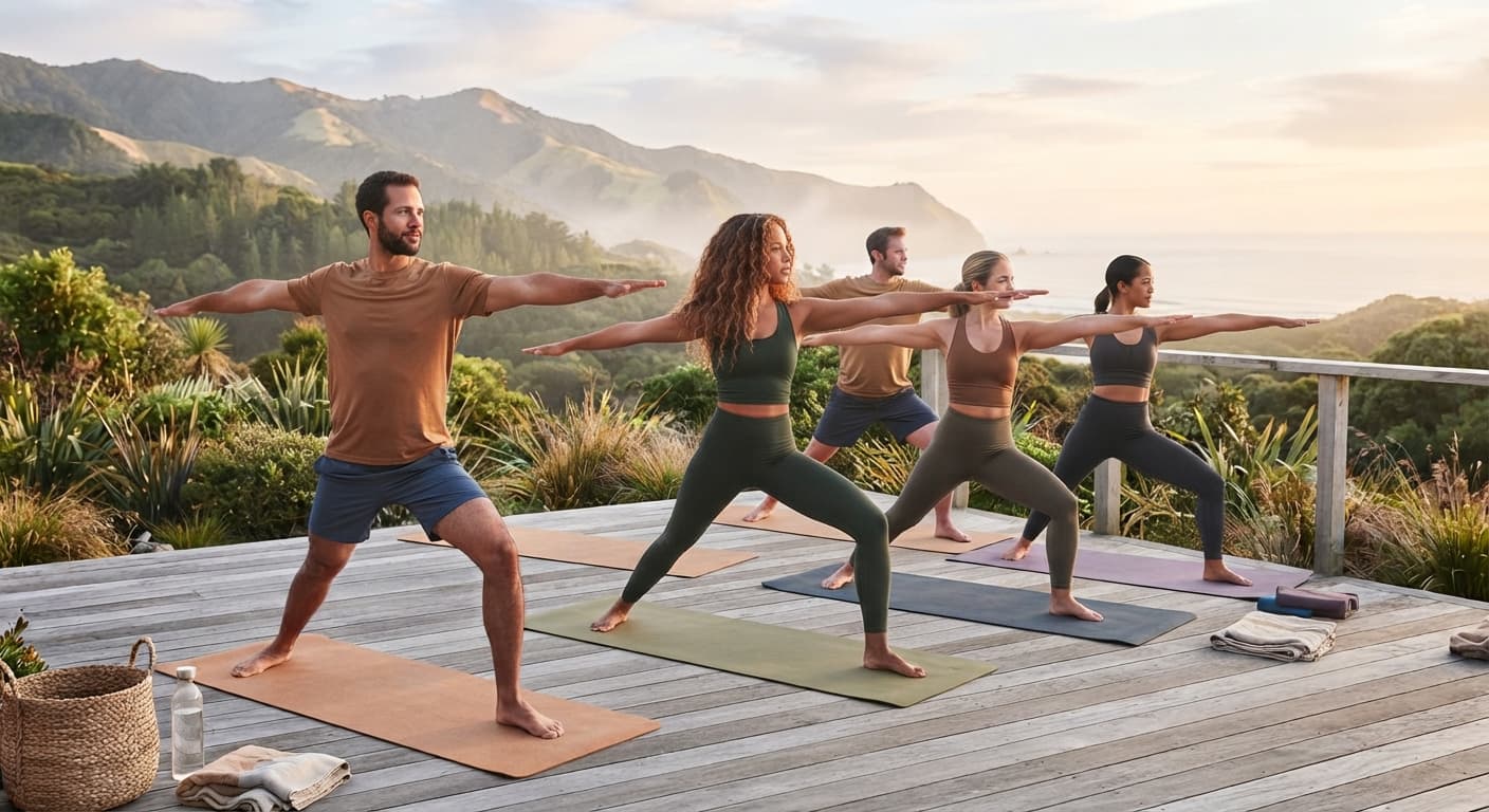 A diverse group practising yoga together outdoors at sunrise, overlooking mountains and the ocean