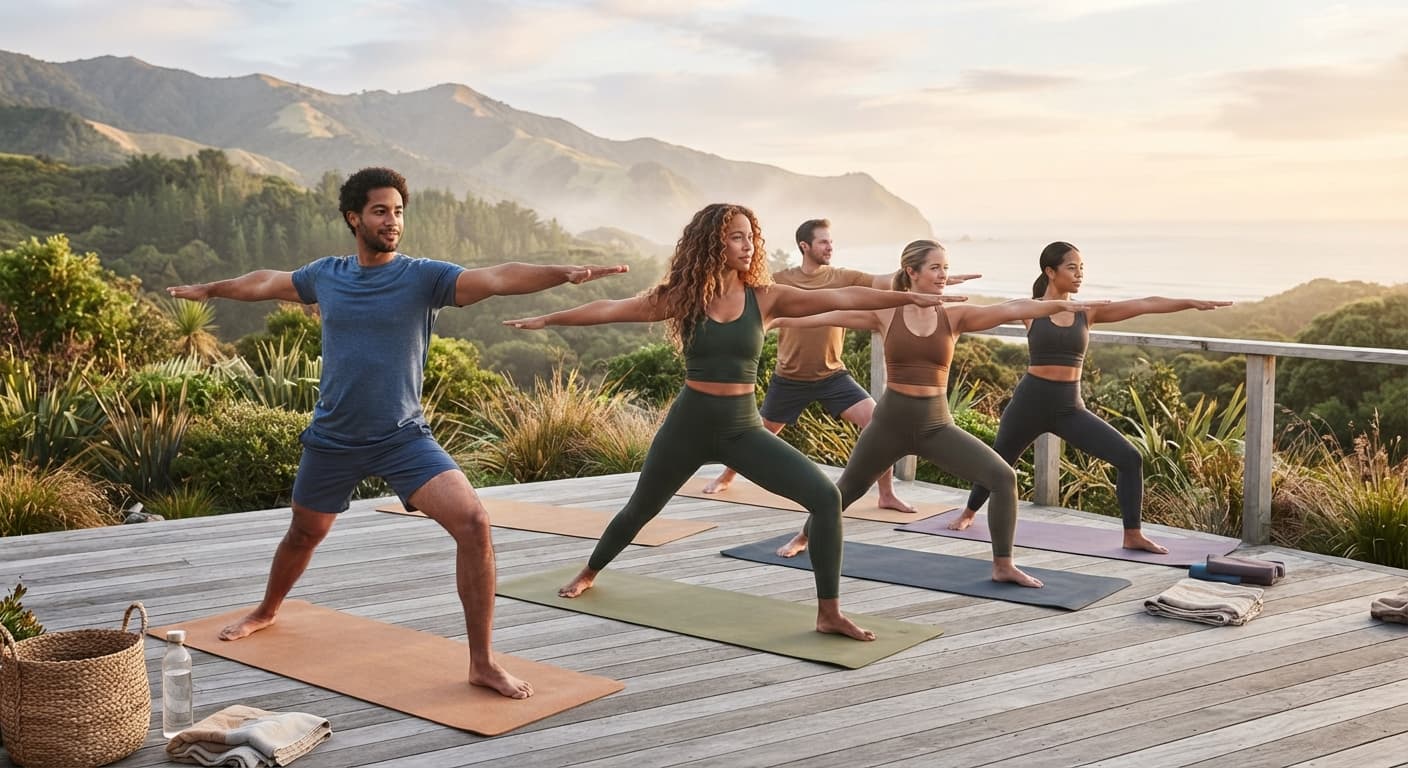 A diverse group practising yoga together outdoors at sunrise, overlooking mountains and the ocean