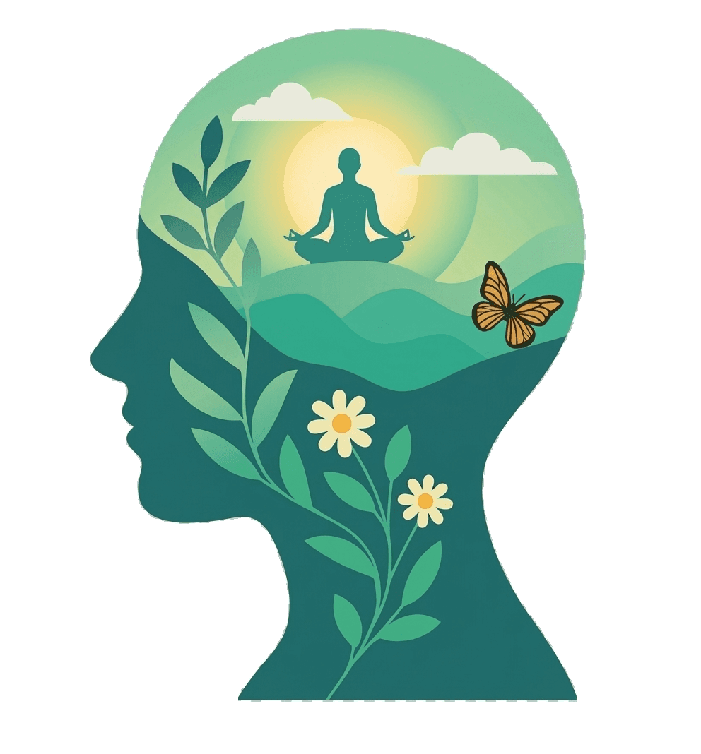 Illustration of a head in profile, filled with a meditating figure, hills, sunrise, a butterfly and flowering leaves
